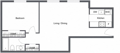 Floor plan for 1 bed, 1 bath, 615 sqft